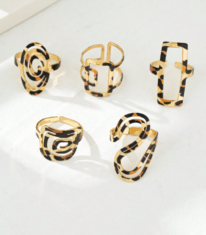 Shein 5pcs Sexy Exaggerated Hollow Leopard Pattern Square Rings Set +