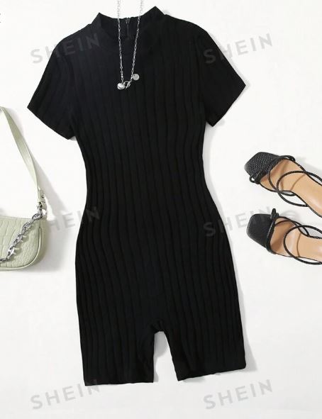 Shein Summer Outfits Mock Neck Rib-Knit Unitard Back Romper, XL */