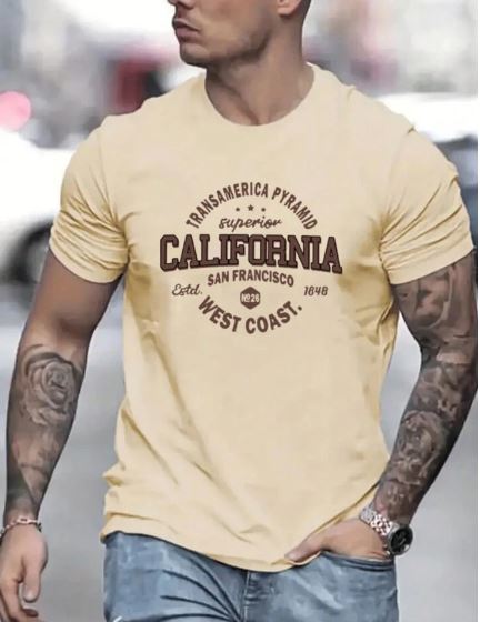 Shein Men's Fashionable Printed Short Sleeve Casual Crew Neck T-Shirt, L /