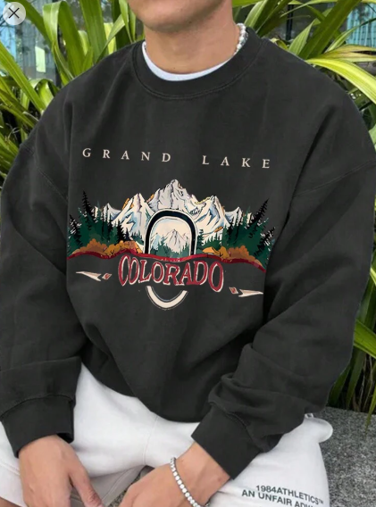 Shein Men's Round Neck Long Sleeve Letter Print & Landscape Artwork Graphic Loose Comfortable Sweatshirt, XL +