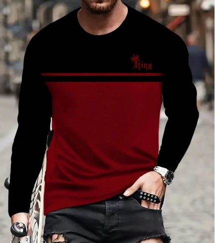 Shein Color Block Pattern Letter Print & "KING" Crew Neck & Long Sleeve T-Shirt, XXL +