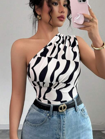 Shein Women's Sexy Shoulder Asymmetrical Geometric Print Blouse, M +