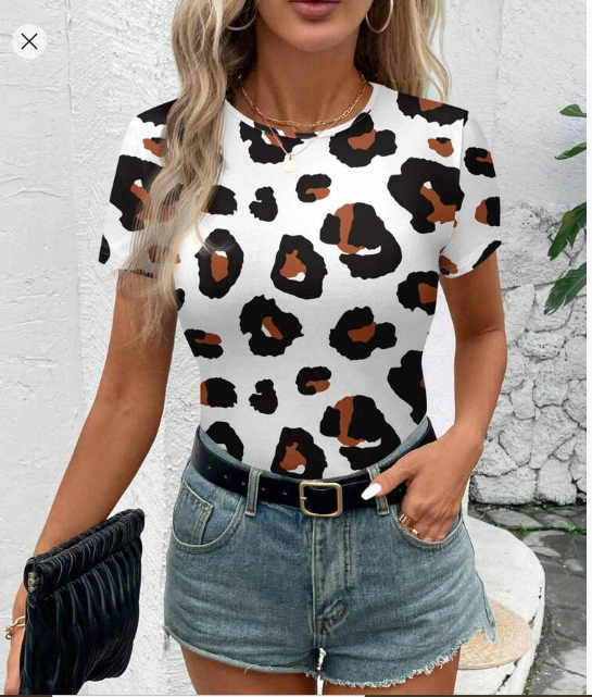 Shein Leopard Print Casual Women Crew Neck Fitted Short Sleeve T-Shirt, M +