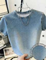 Shein Casual Denim Effect Print Short Sleeve T-Shirt, L>