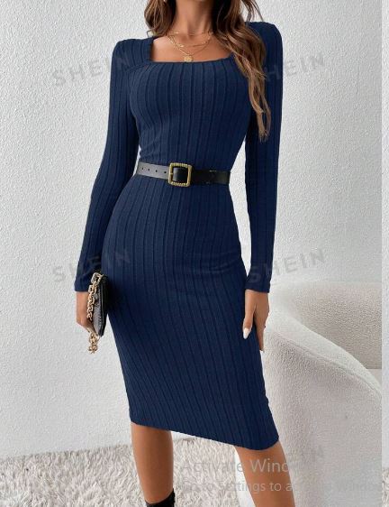 Shein Solid Color Ribbed Knitted Bodycon Dress, L /