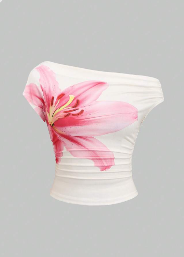 Shein Women's Elegant Floral Print Asymmetrical Neck Ruched Top, M +