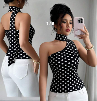 Shein Polka Dot Top Print Hollow Out Design Fitted, XL
