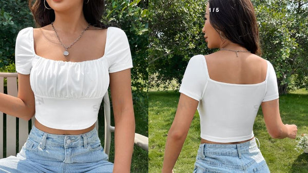 Shein Spring Break Square Neck Ruched Bust White Crop Tee /