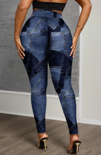 Shein Plus Size Casual Minimalist Full Print Denim Effect Pattern Leggings, 0XL -.