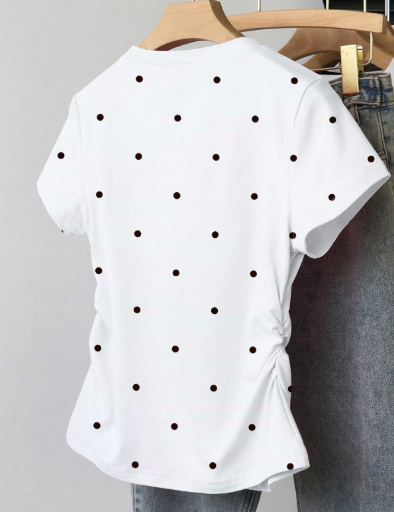 Shein Women's Polka Dot & Bow Print Fitted Ruched Waist Short Sleeve T-Shirt, S>