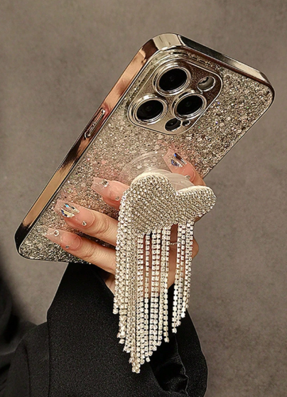 Luxury Electroplated Glitter & Rhinestone Heart Tassel Compatible With Iphone>