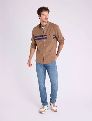 U.S. Polo Ling Sleeve Peached Heather Chest Stripe Shirt -.
