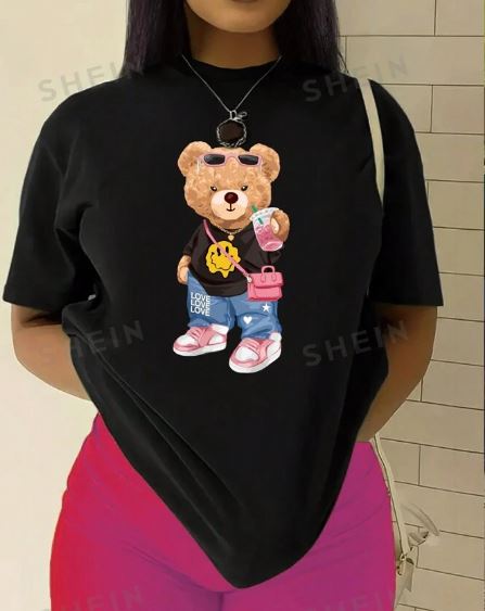 Shein Women's Short Sleeve T-Shirt With Teddy Bear Print, M */
