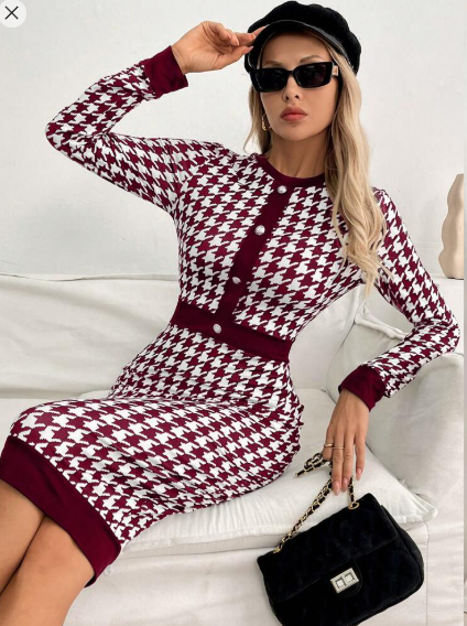Shein Women's Elegant Houndstooth Print Fitted Midi Dress, S +