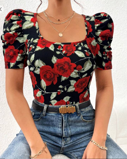 Shein Women's Elegant Rose Print Gigot Sleeve T-Shirt, M +