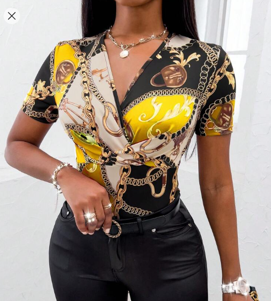 Shein V-Neck Short Sleeve T-Shirt (Random Print) +