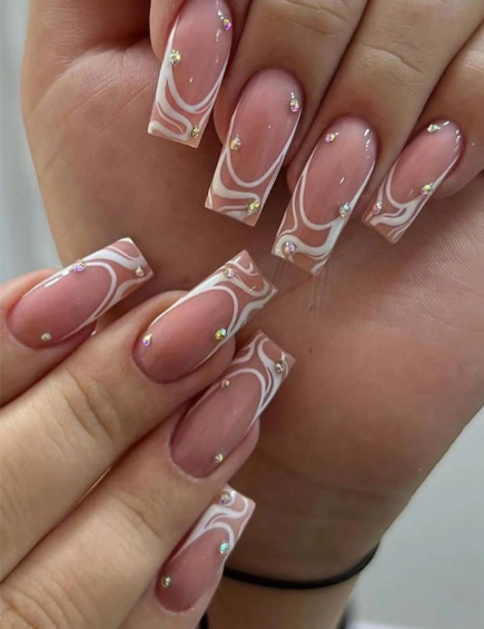 Shein 24pcs French Style Square Long False Nails Set With Rhinestone & Line Decor Nails +