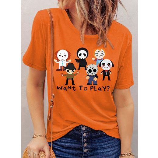 Bellelily Halloween Want To Play O-Neck T-Shirt Tee - Orange, M -.