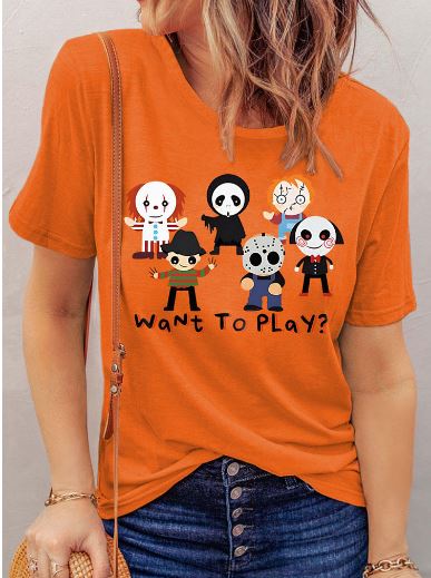 Bellelily Halloween Want To Play O-Neck T-Shirt Tee - Orange, M*/