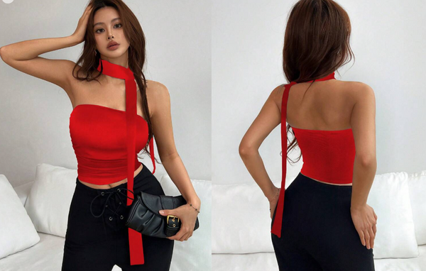 Shein Women Solid Color Red Ruched Bandeau Top With Scarf, M +