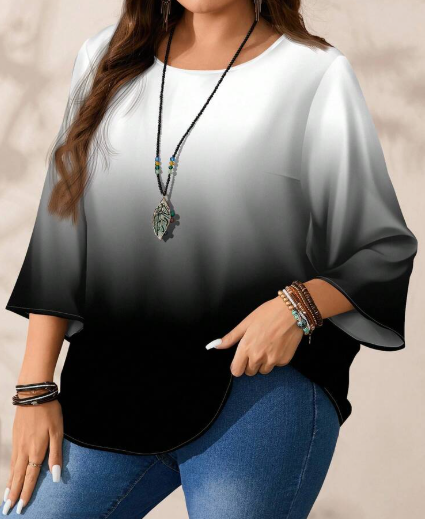 Shein Casual Black & White Gradient Full Print Round Neck Loose 3/4 Sleeve Shirt, 0XL +