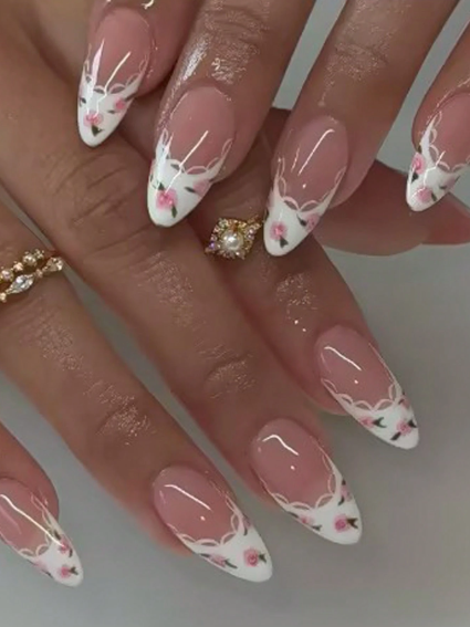 Shein 24pcs White French Pointed Tip, Floral Pattern Nails +