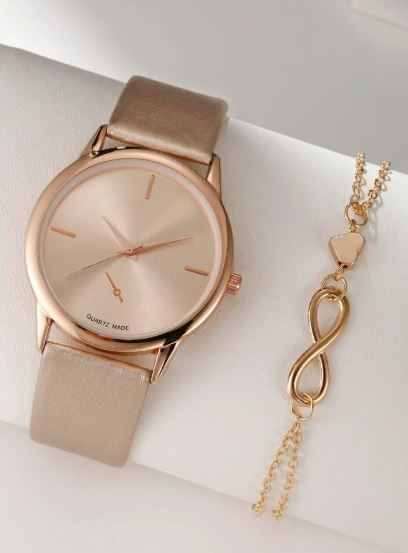 Shein 1pc Minimalist Round Pointer Quartz Watch & 1pc Charm Bracelet /