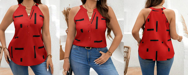 Shein Plus Size Sleeveless V-Neck Geometric Line Pattern Collared Shirt, 4XL +