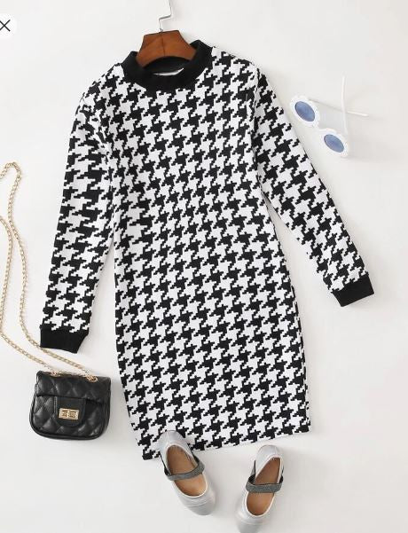 Shein Kids Tween Girl Houndstooth Form Fitting Dress */