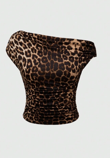 Shein Leopard Print Tight-Fitting Asymmetrical Neck Ruched Women's T-Shirt, L +
