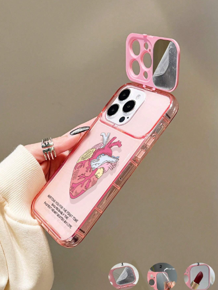 Pink TPU Mirror Element Fashion Transparent 1pc Pink TPU Colorful Heart Phone Case>