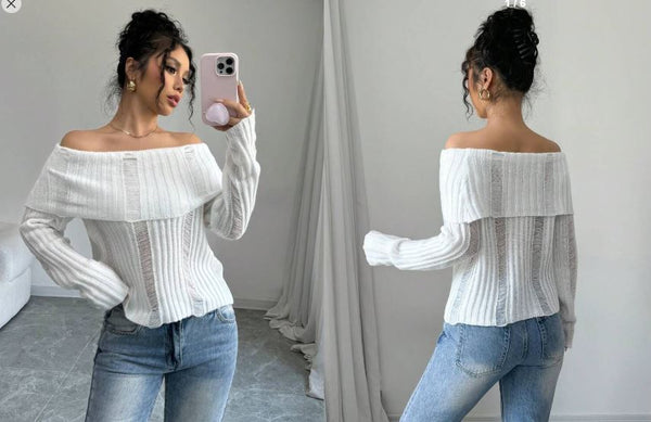 Shein Sexy Sheer Off-Shoulder Long Sleeve Cropped Knitted Pullover Sweater, M +