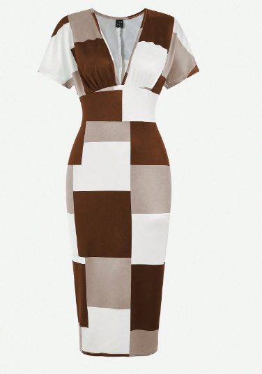 Shein Deep V Neck Colorblock Bodycon Dress Maxi, M +