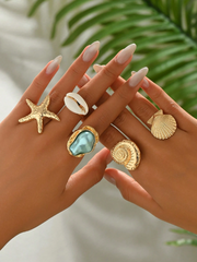 Shein 5pcs Set Fashionable & Elegant Sealife Starfish Shell Baroque Faux Pearl Rings >