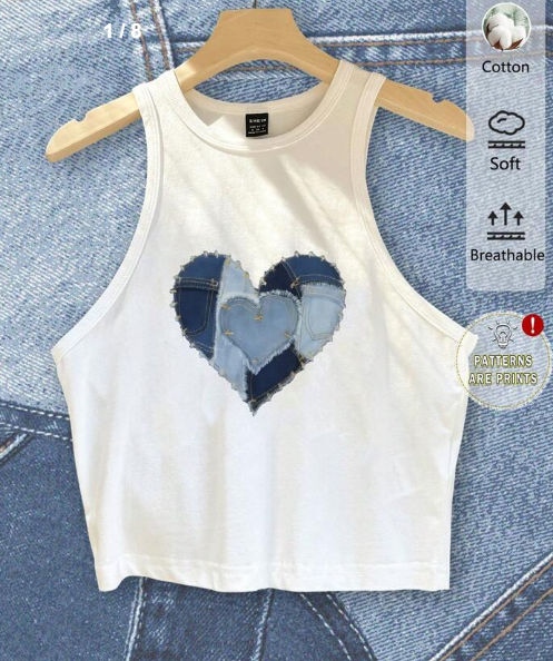 Shein Denim Heart Retro Pattern Casual Minimalist Round Neck Slim Fit Tank Top, M +
