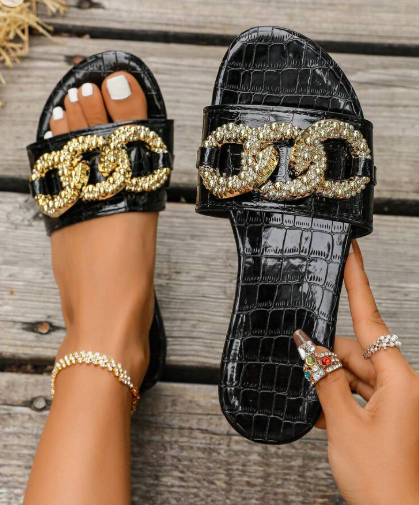 Shein Women Flat Sandals Open Toe Gold Chain Stylish Slide Sandals, Size: 38 +