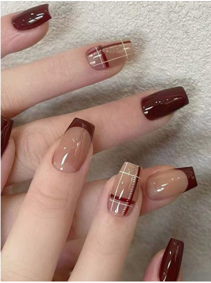 Shein 30pcs/Box Burgundy Red French Manicure Press-On Nails -.