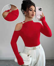 Shein Solid Color Fitted Sexy Metal Decor Hollow Out Off Shoulder Long Sleeve T-Shirt, XL>