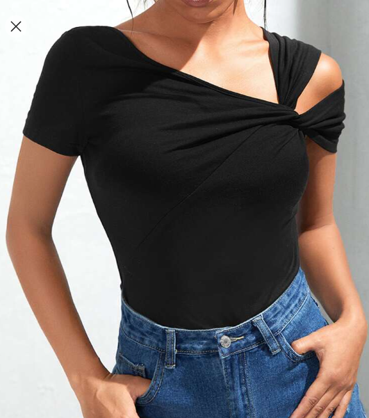 Shein Twist Asymmetrical Neck Solid Tee +