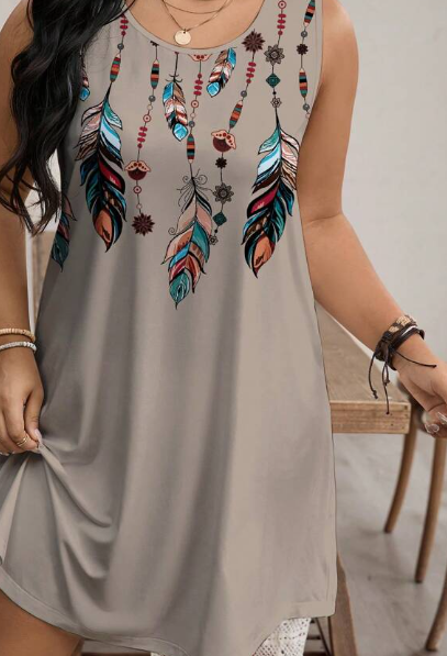Shein Women Plus Size Casual Feather Print Round Neck Sleeveless Mini Dress, 0XL +