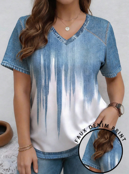 Shein Patchwork Gradient V-Neck Short Sleeve Casual Plus Size T-Shirt, 0XL