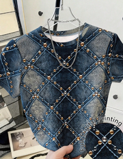 Shein Casual Denim Effect Print Round Neck Short Sleeve T-Shirt >