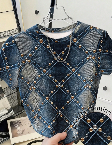 Shein Casual Denim Effect Print Round Neck Short Sleeve T-Shirt >