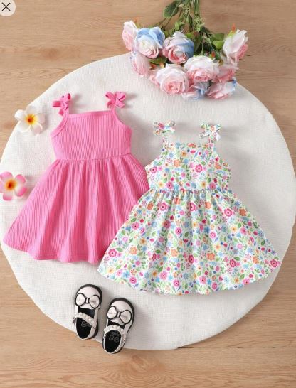 Shein 2pcs Baby Girls' Casual Solid Color &amp; Ditsy Floral Strap Dress, 2-3T +