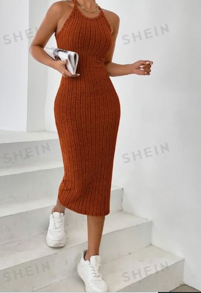 Shein Solid Halter Neck Bodycon Dress /