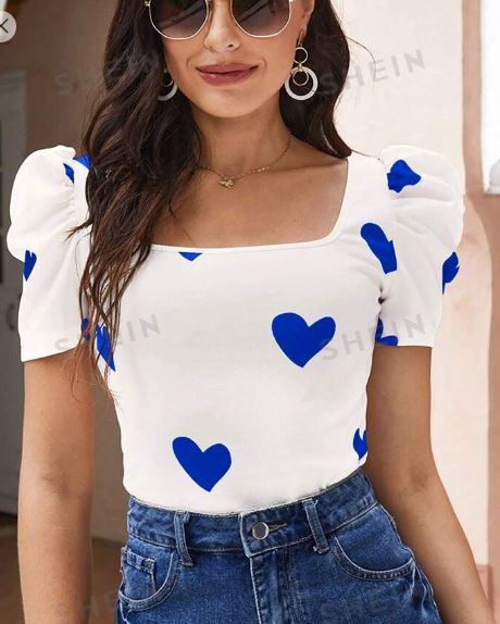 Shein Heart Print Puff Sleeve Summer Tee +