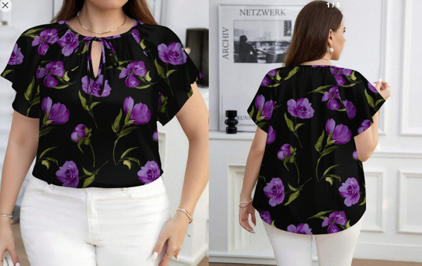 Shein Purple Floral Print Casual Loose Fit Crew Neck Short Sleeve Plus Size Shirt +