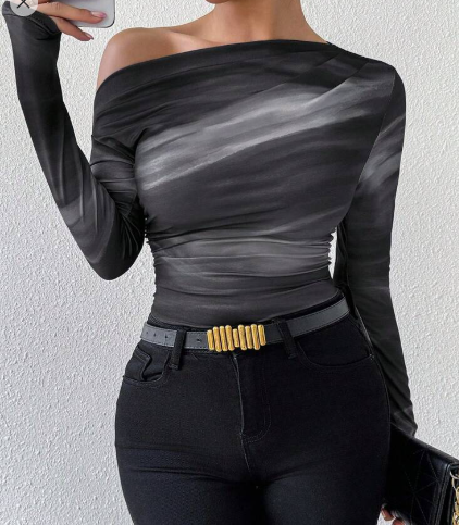 Shein Marble Gradient Print Asymmetrical Neck Long Sleeve T-Shirt, M +