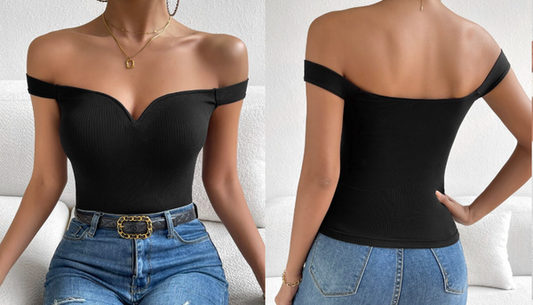 Shein Summer Off Shoulder Ribbed Knit Black Top +