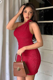 Shein Solid Color One Shoulder Bodycon Dress >